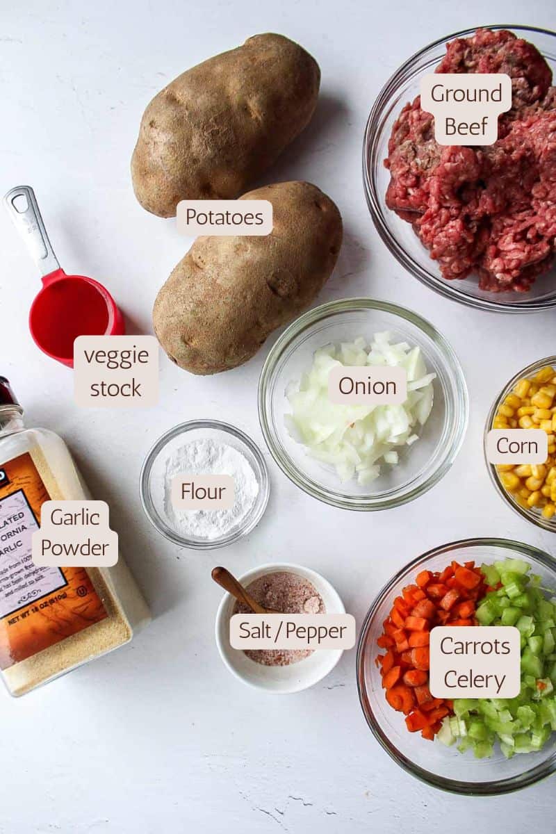 Ingredients to make a classic shepherd's pie.
