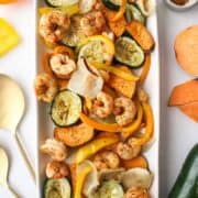roasted shrimp and veggies on a platter