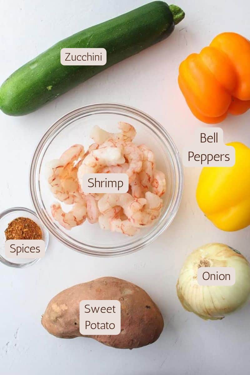 Ingredients to make a sheet pan shrimp dinner.