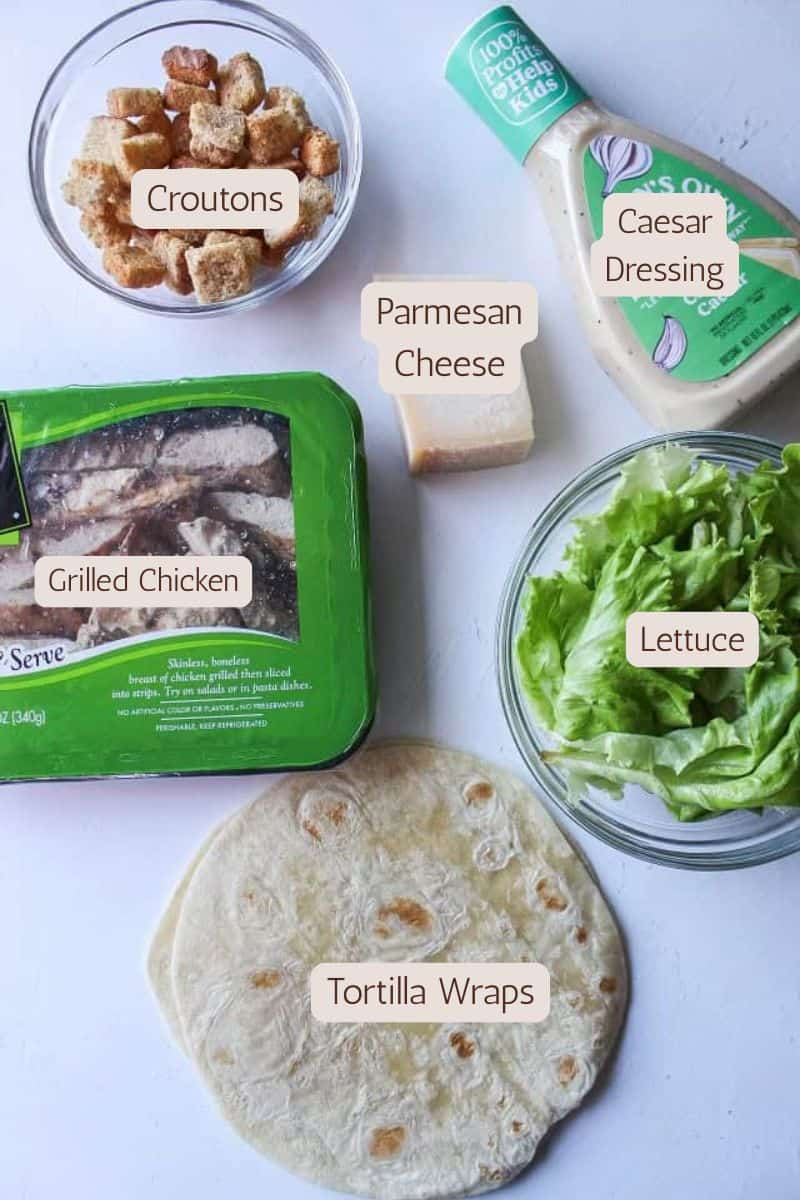 Ingredients for a chicken caesar salad wrap.