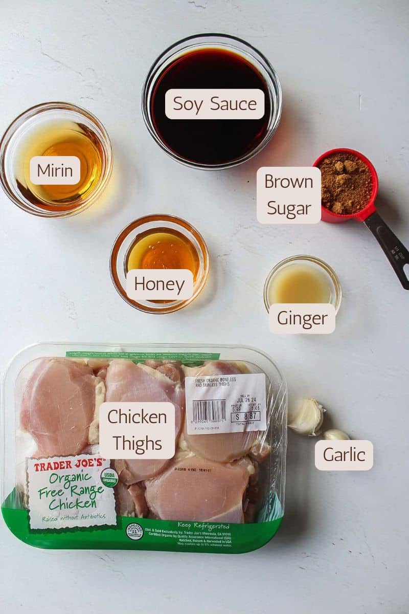 Ingredients to make grilled boneless teriyaki chicken thighs.