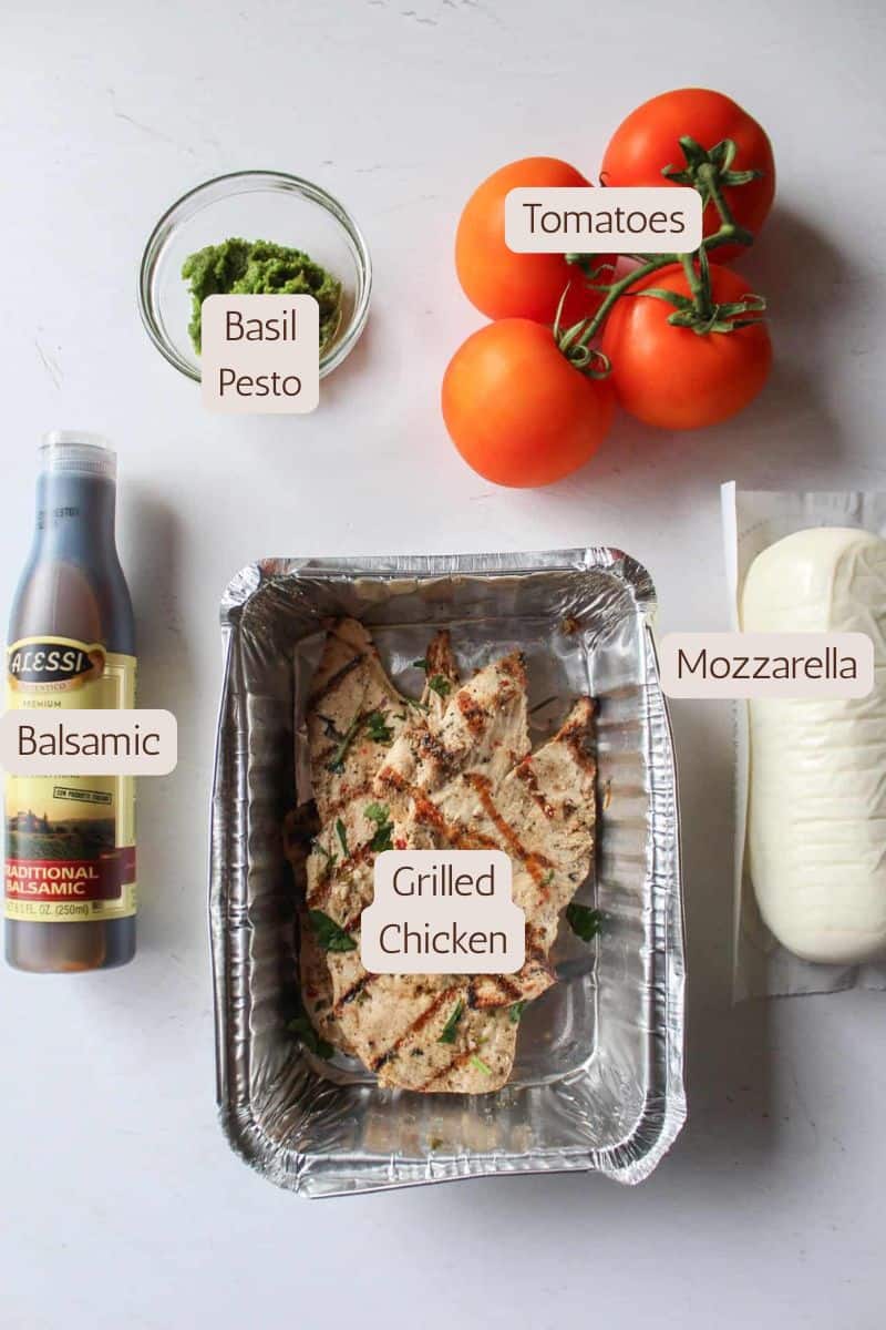 Ingredients to make an easy grilled chicken caprese.