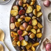 roasted rainbow baby potatoes on a platter.