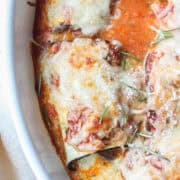eggplant rollatini in a baking dish.