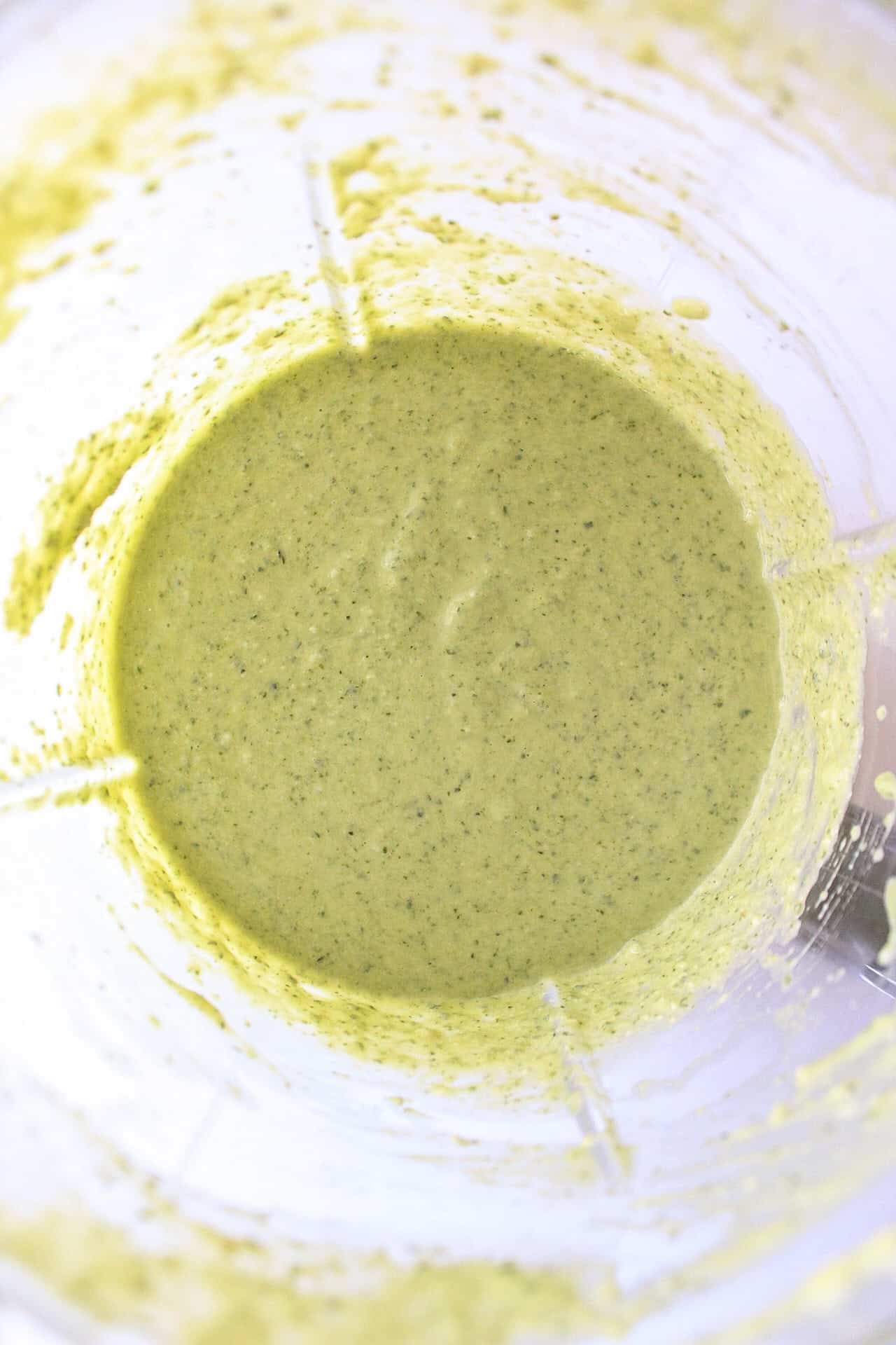Pesto sauce in a blender.