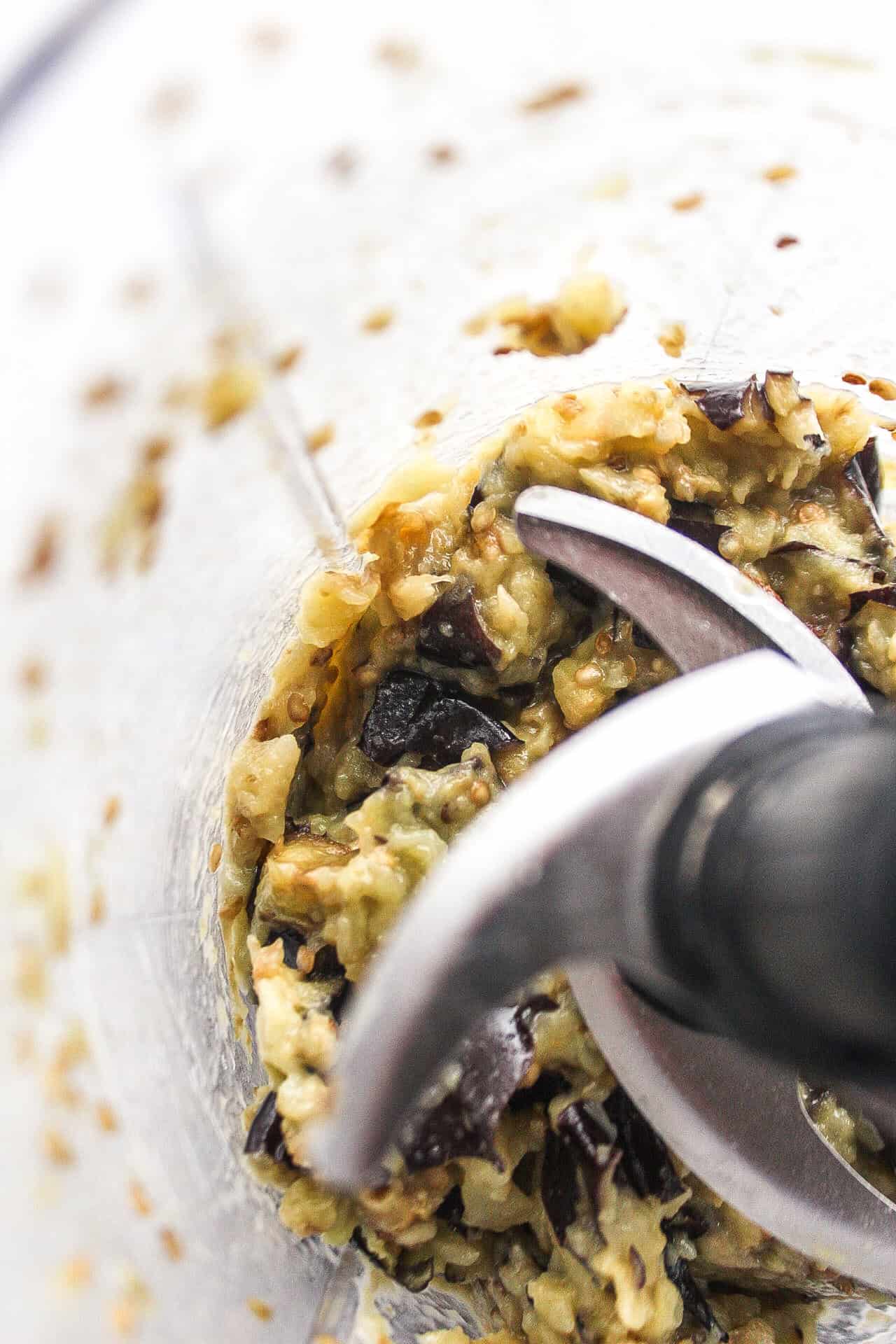 Blended eggplant in a food processor.