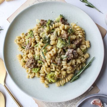 A plate of one pot sausage broccoli pasta.