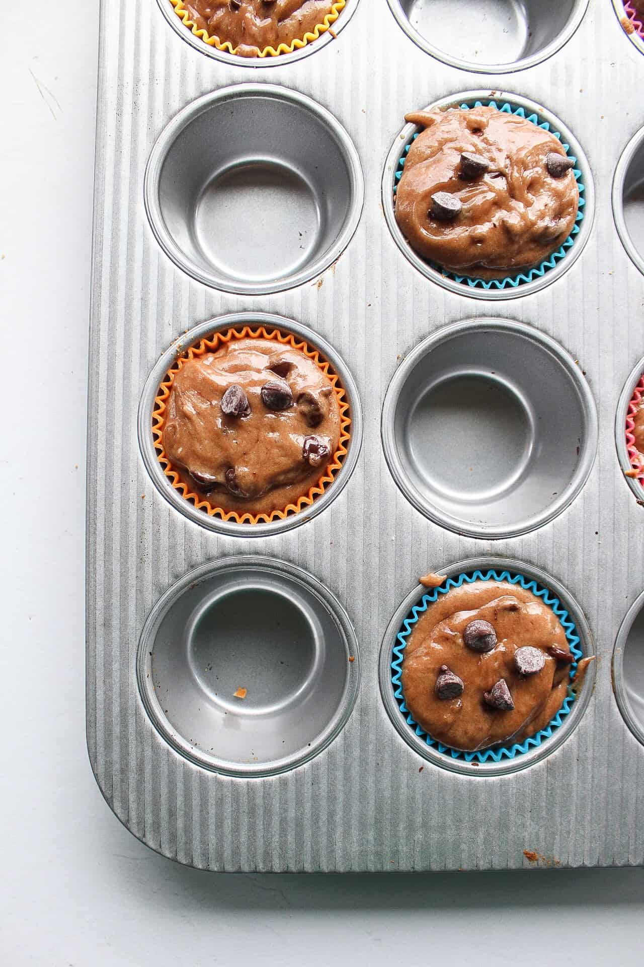 A picture of a muffin tin filled with three unbaked muffins with chocolate chips on top.