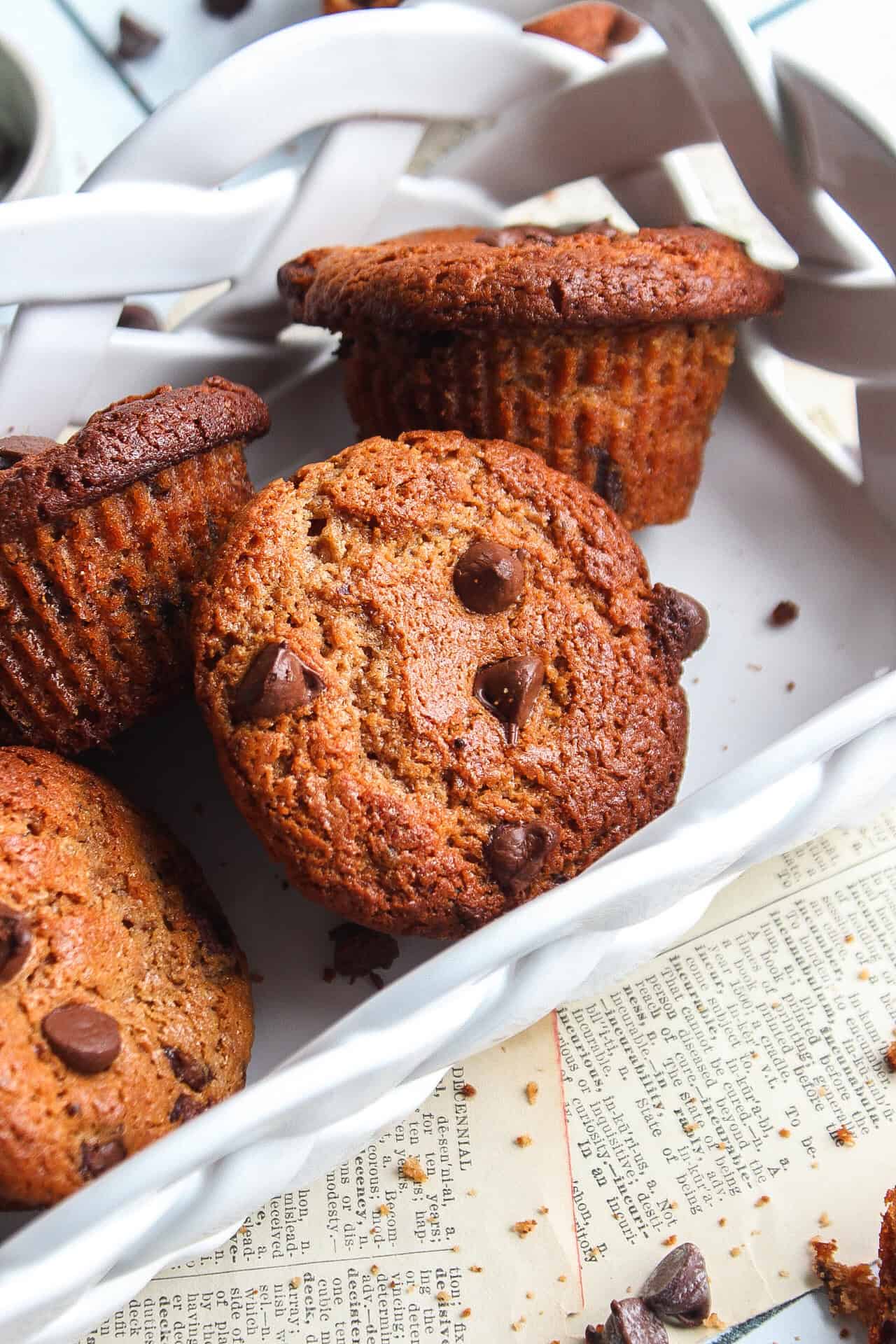 Close up of the top of a chocolate protein muffin.