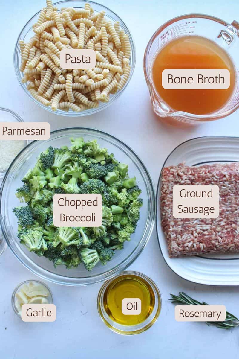 Ingredients to make a one pot broccoli sausage pasta.