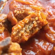 close up of a piece of a chicken patty cut open.