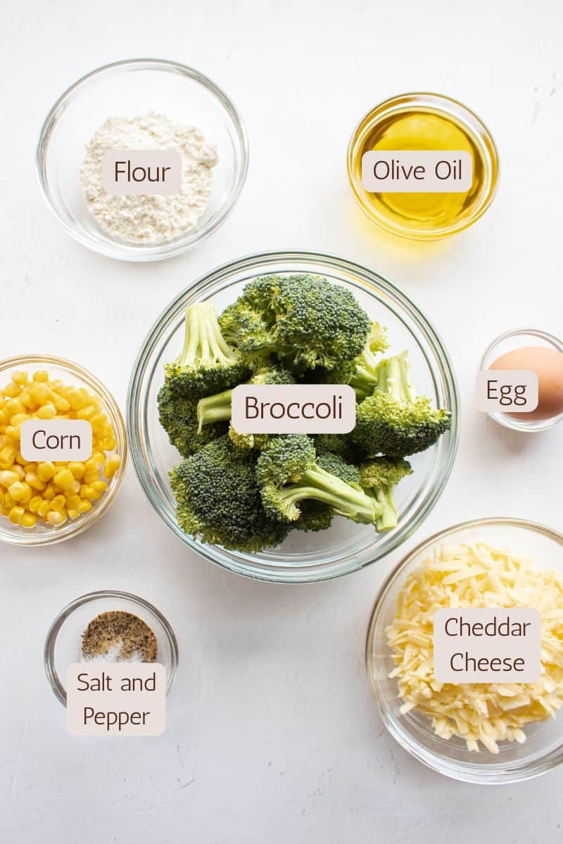 Ingredients for broccoli cheddar fritters.