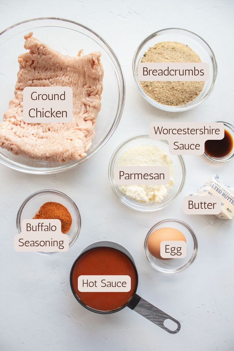 Ingredients to make buffalo chicken meatballs.