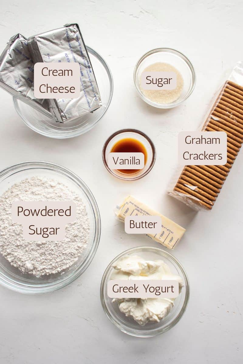 Ingredients to make no bake cheesecake bars.