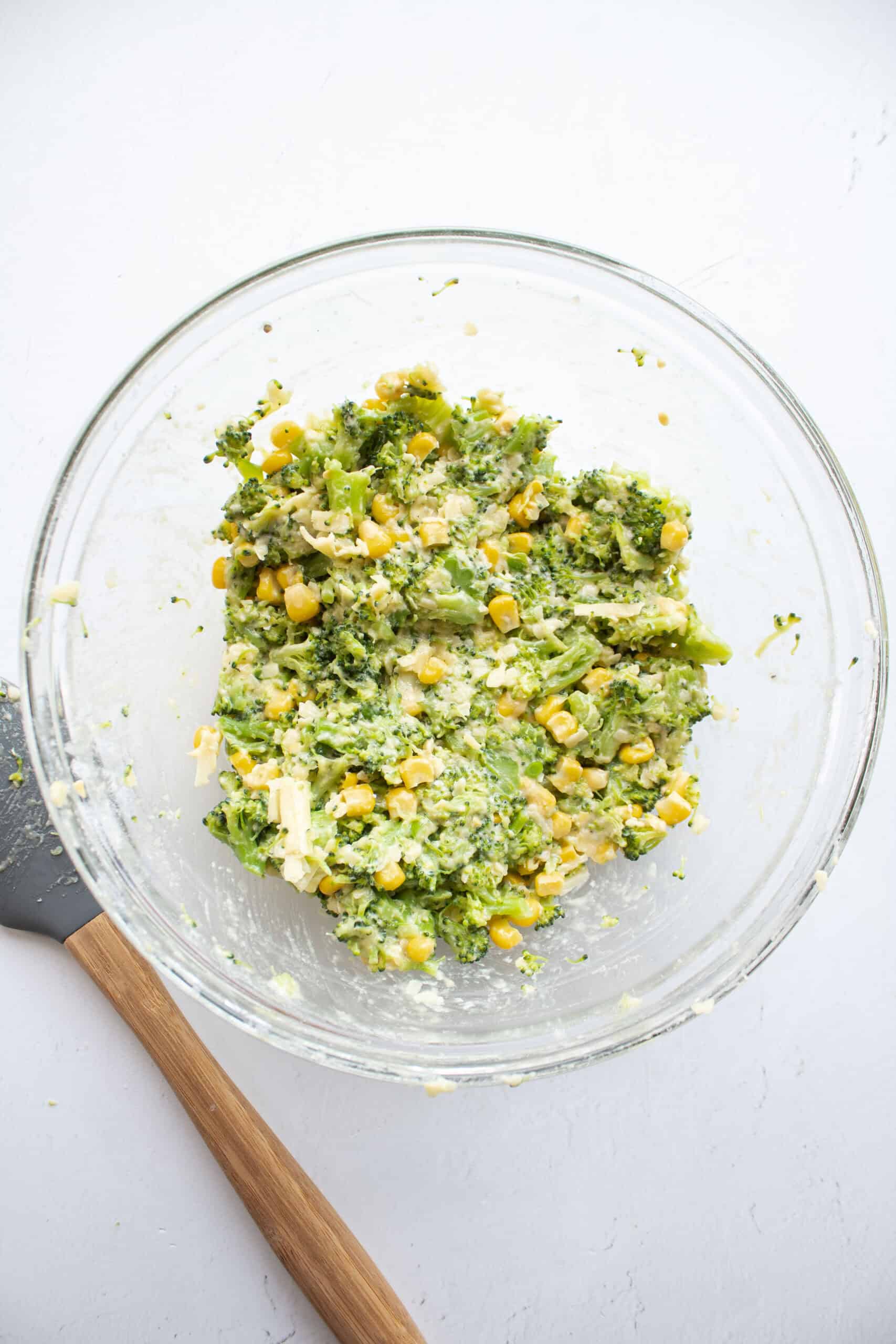 mashed broccoli with cheese, egg, flour,corn, and seasoning to make fritters.
