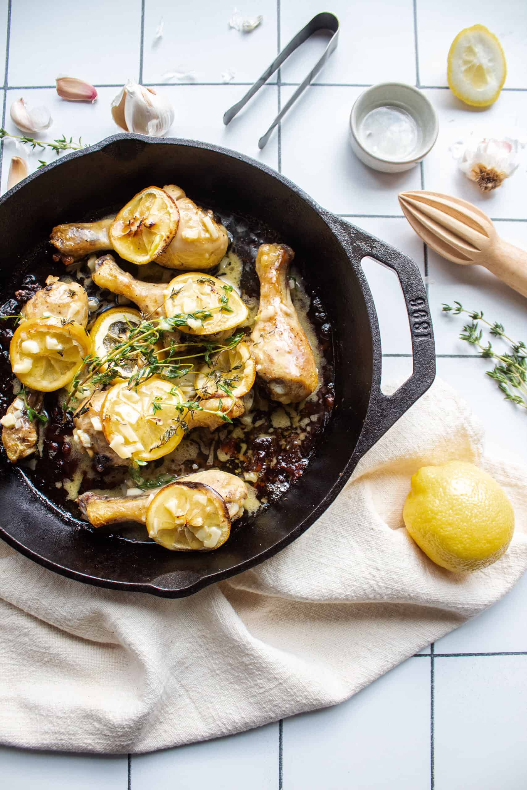 skillet roasted lemon chicken in a cast iron skillet.