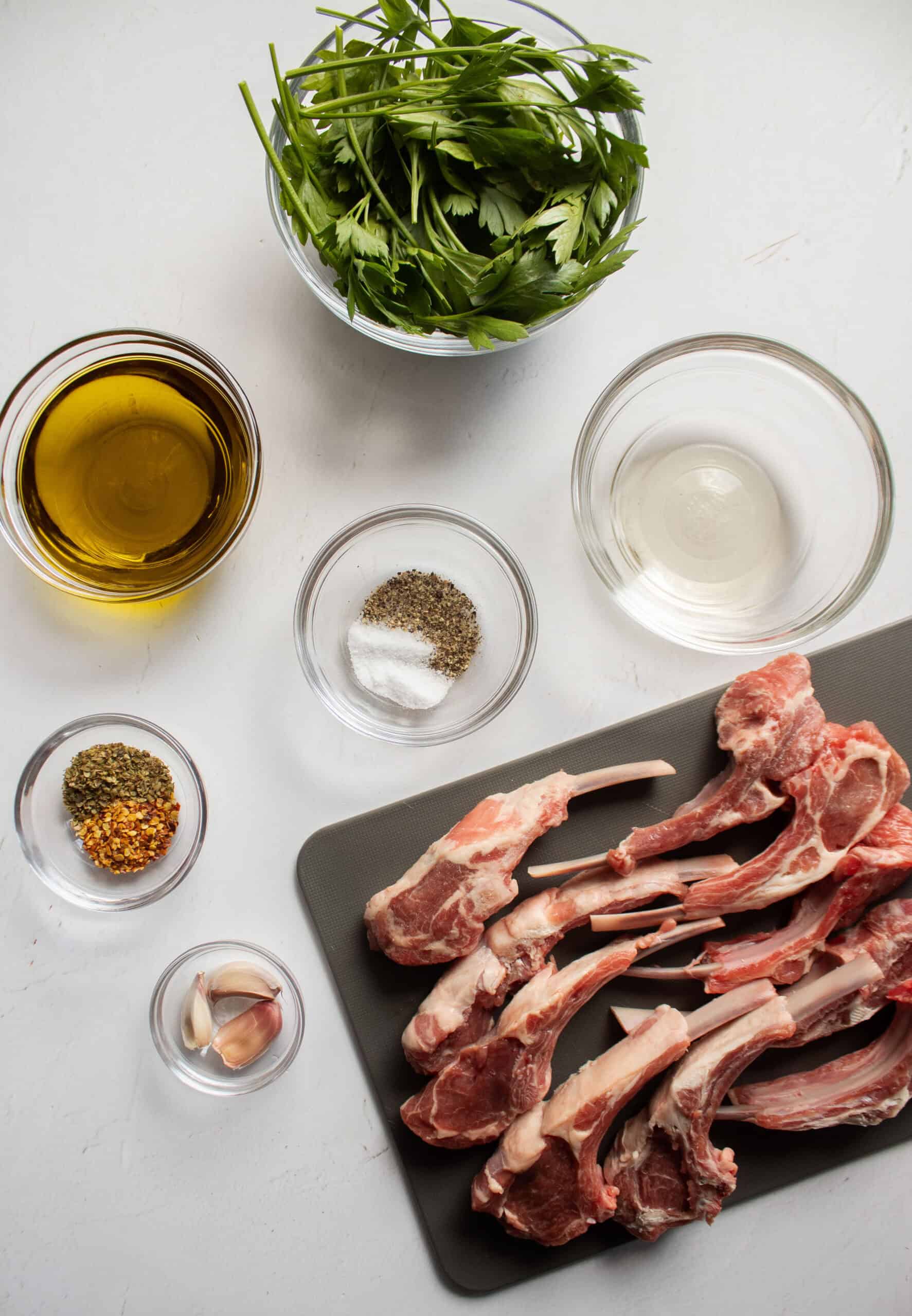 ingredients for grilled lamb chops with chimichurri sauce.