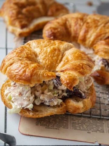 Close up of cranberry chicken salad in a croissant.