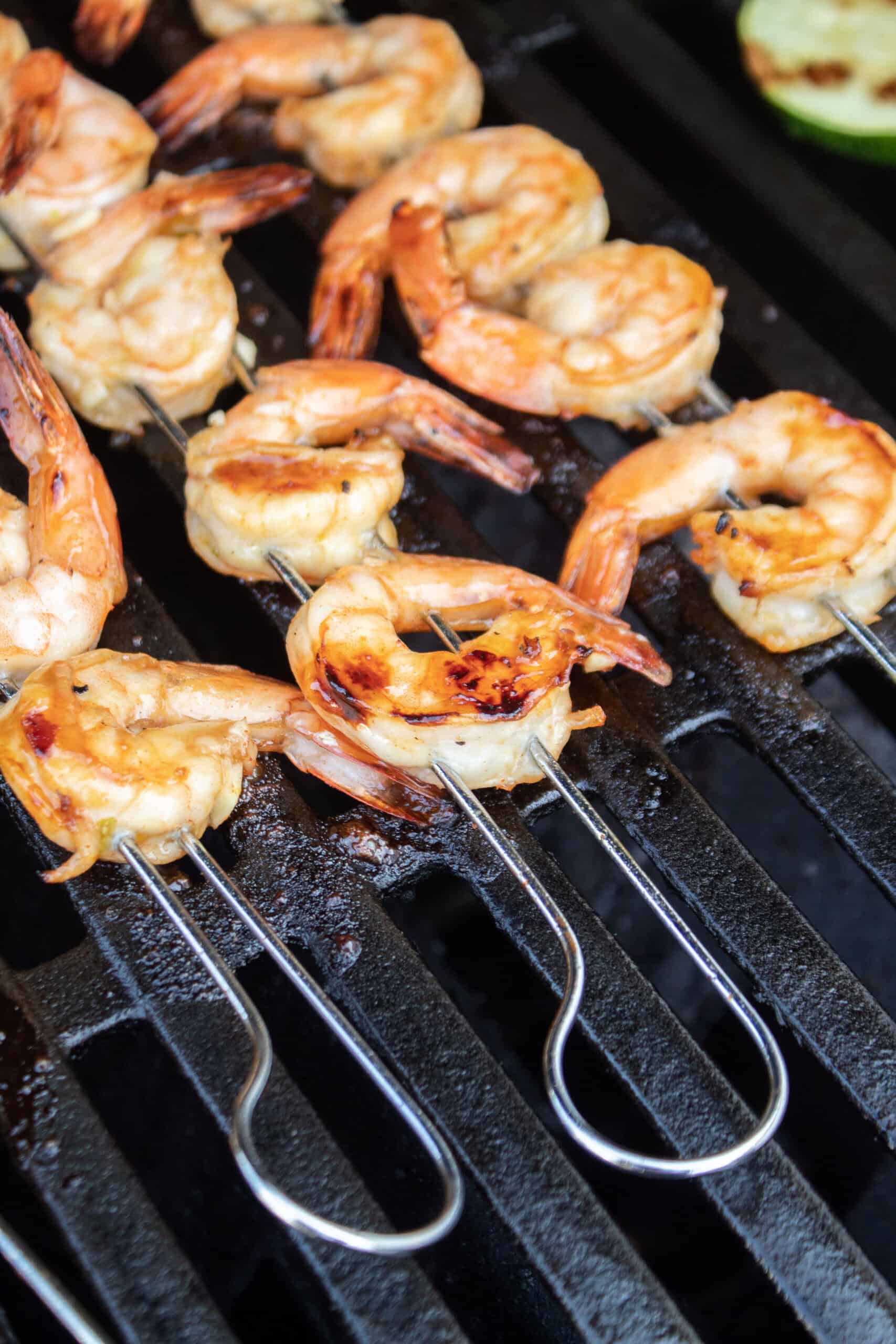 skewered shrimp on the grill.