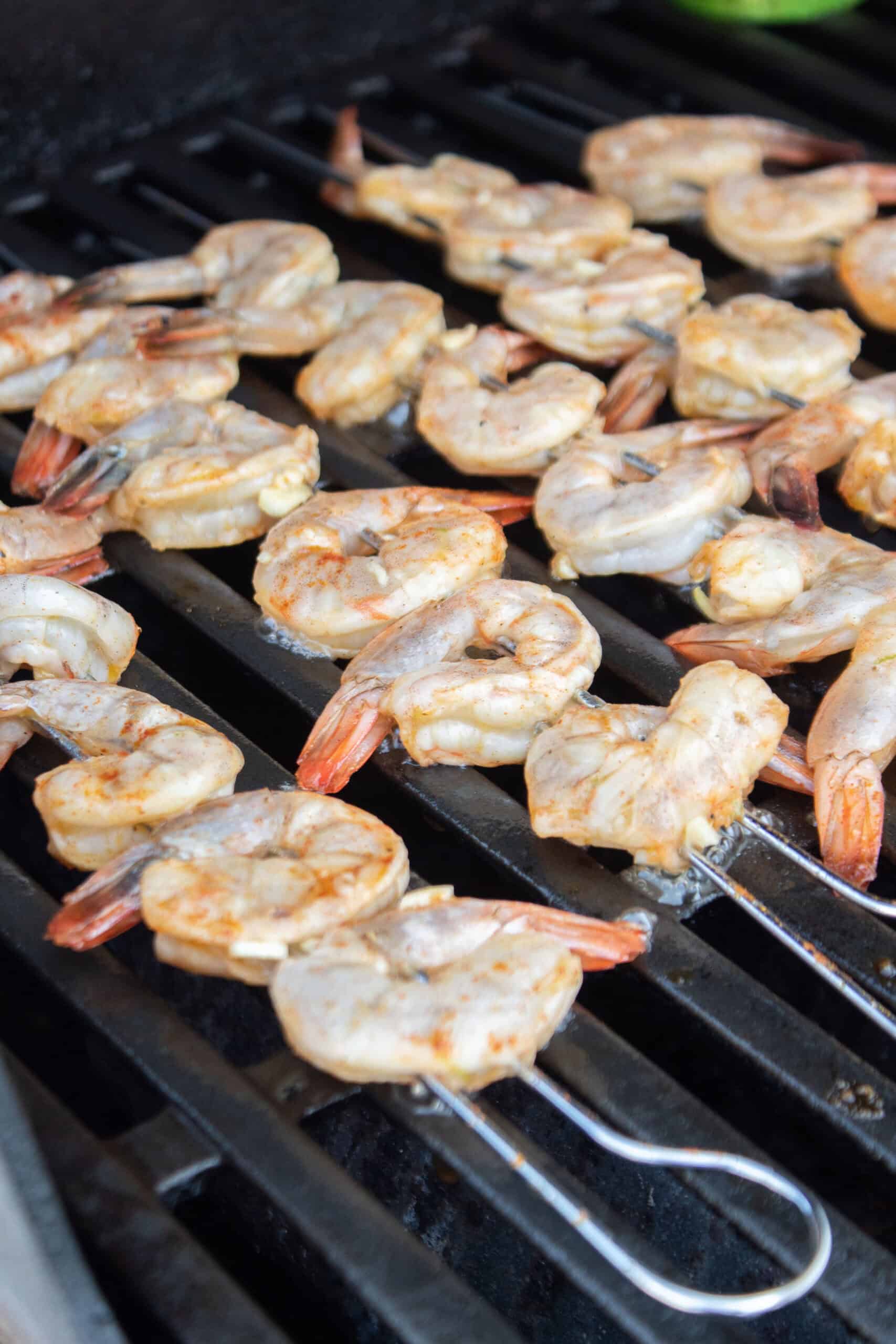 skewered shrimp on the grill.