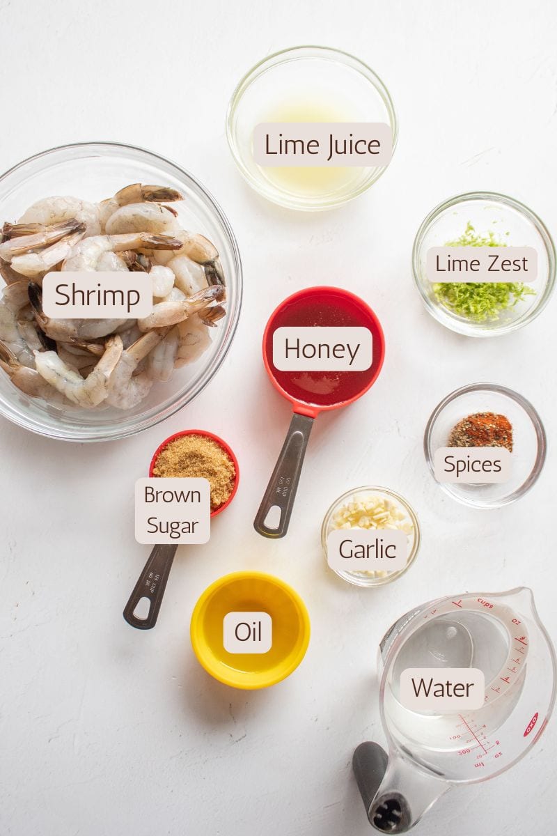 Ingredients to make honey lime shrimp skewers.