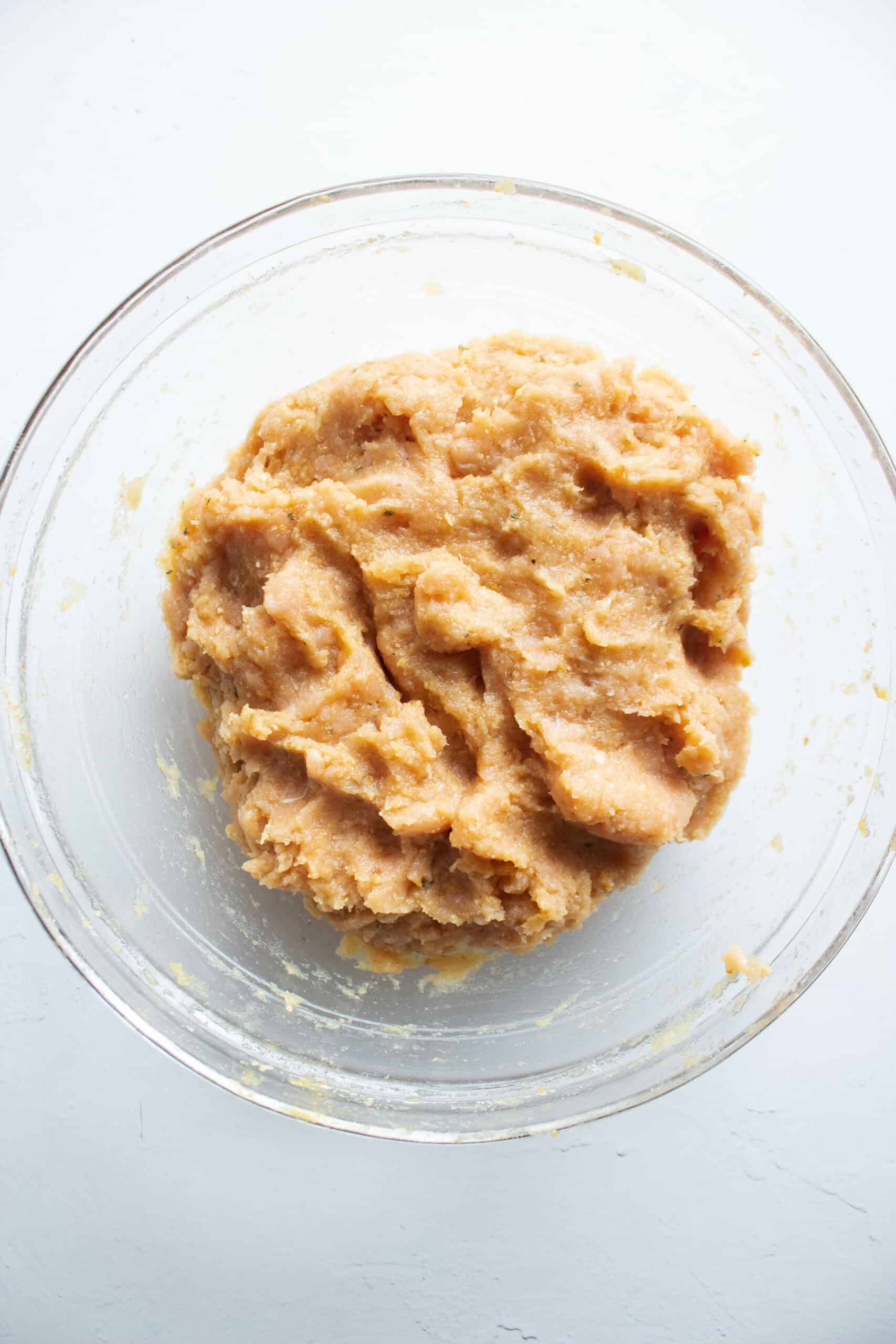 Chicken nugget meat mixture in a bowl.