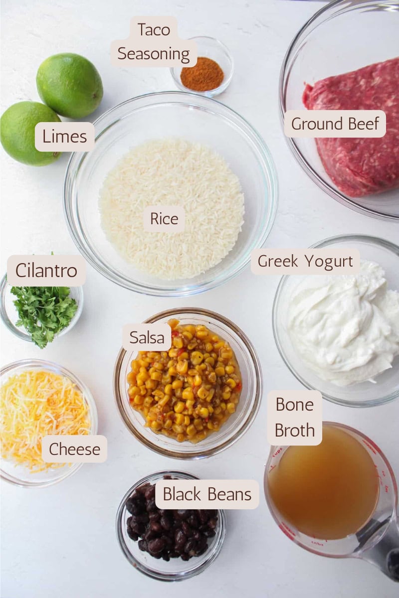 Ingredients needed to make high protein taco bowls.