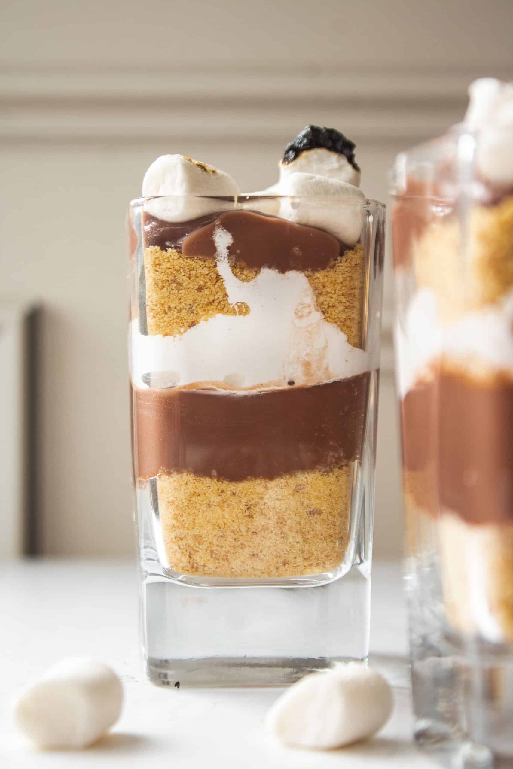 Smores parfaits with graham crackers, pudding, marshmallow cream, topped with toasted marshmallows.
