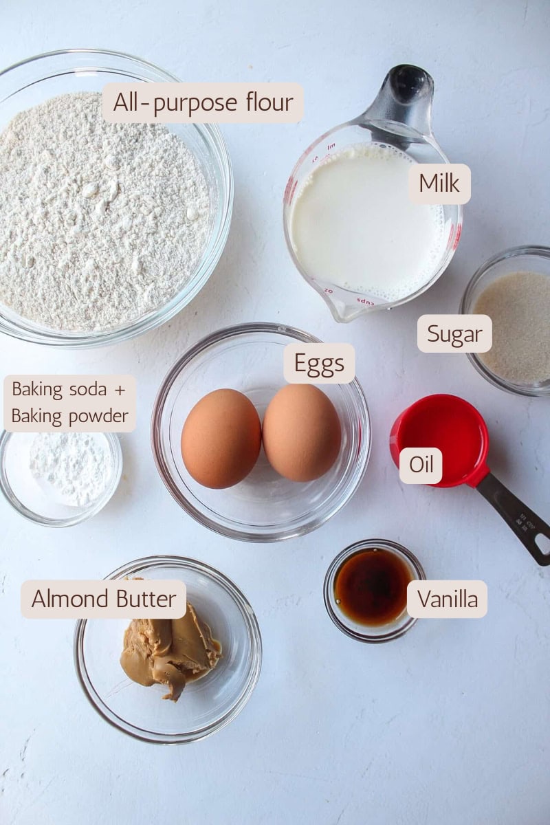 Ingredients needed to make almond butter and jelly pancakes.