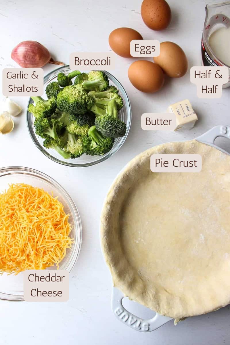 Ingredients needed to make broccoli cheddar quiche.