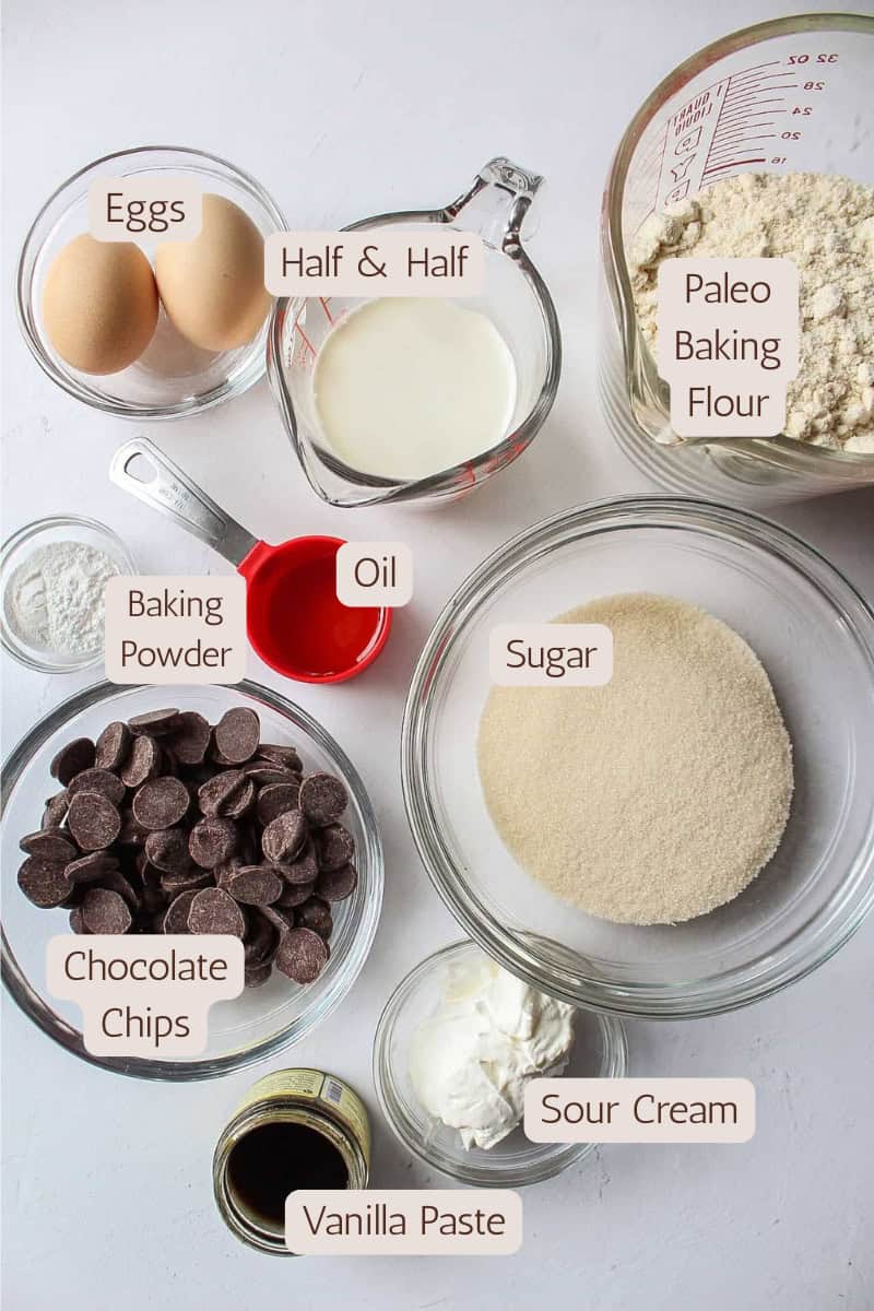 Ingredients needed to make sour cream chocolate chip loaf cake.