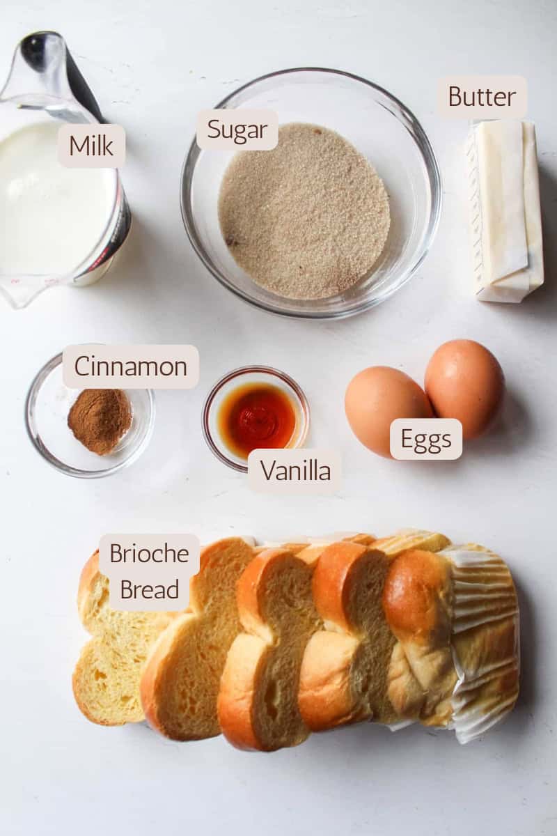 Ingredients needed to make homemade cinnamon sugar French toast sticks.