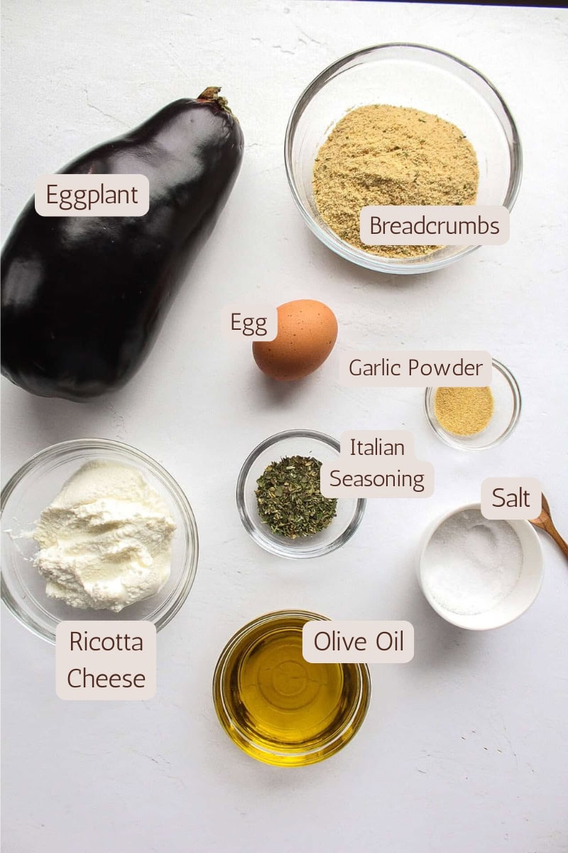 Ingredients needed to make eggplant meatballs.
