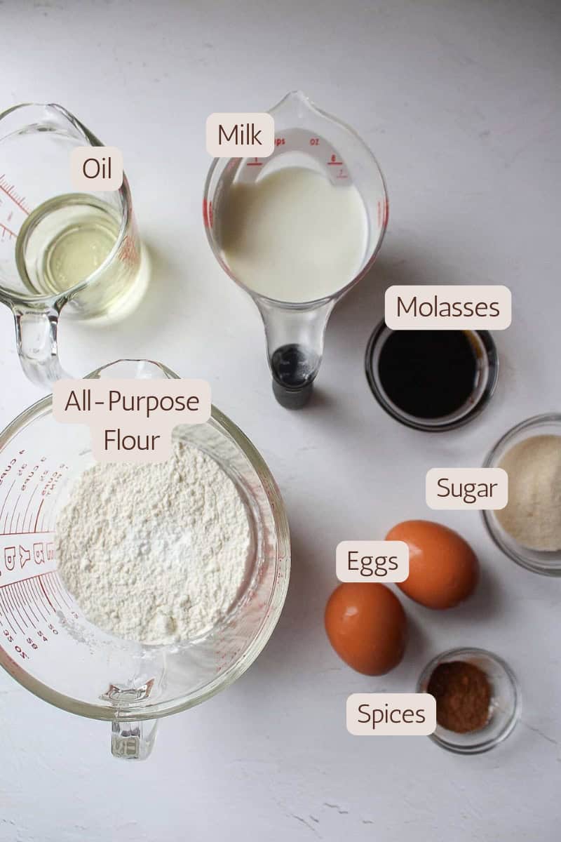 Ingredients needed to make gingerbread waffles recipe.