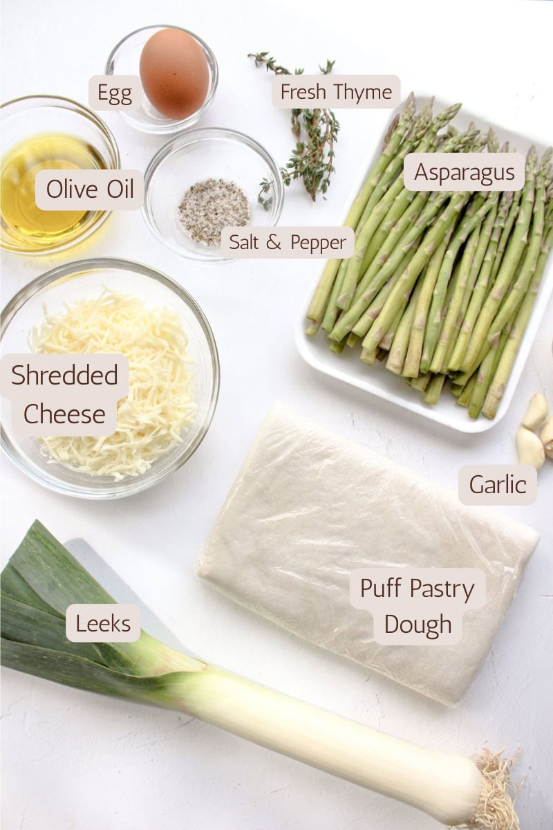 Ingredients needed to make leek and asparagus tart.