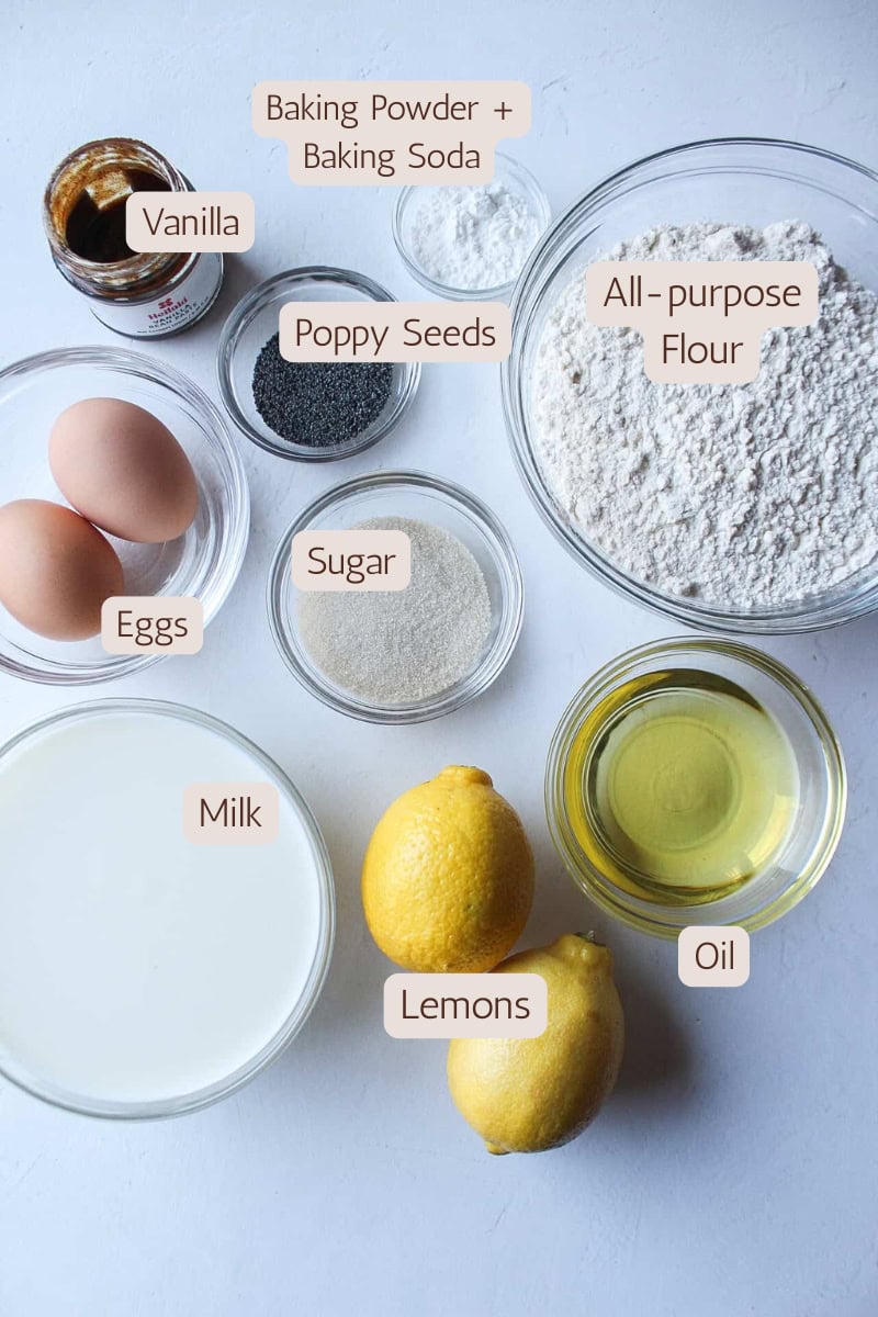 Ingredients needed to make lemon poppy seed pancakes.