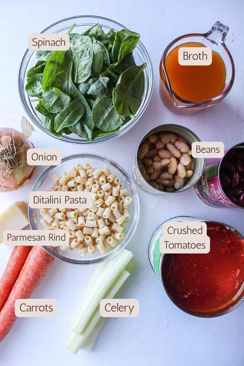 Ingredients needed to make minstrone soup.