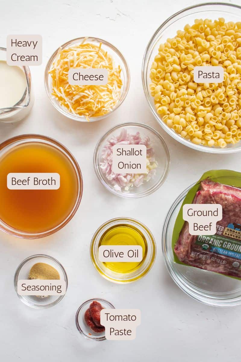 Ingredients to make a one pot cheeseburger pasta recipe.