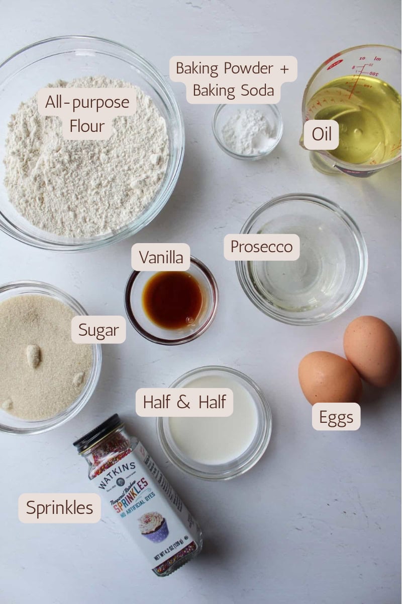 Ingredients needed to make prosecco cupcakes.