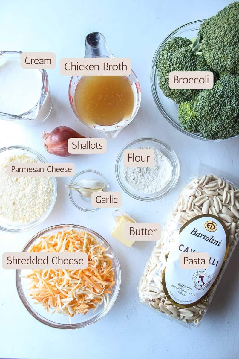 Ingredients needed to make roasted broccoli mac and cheese.