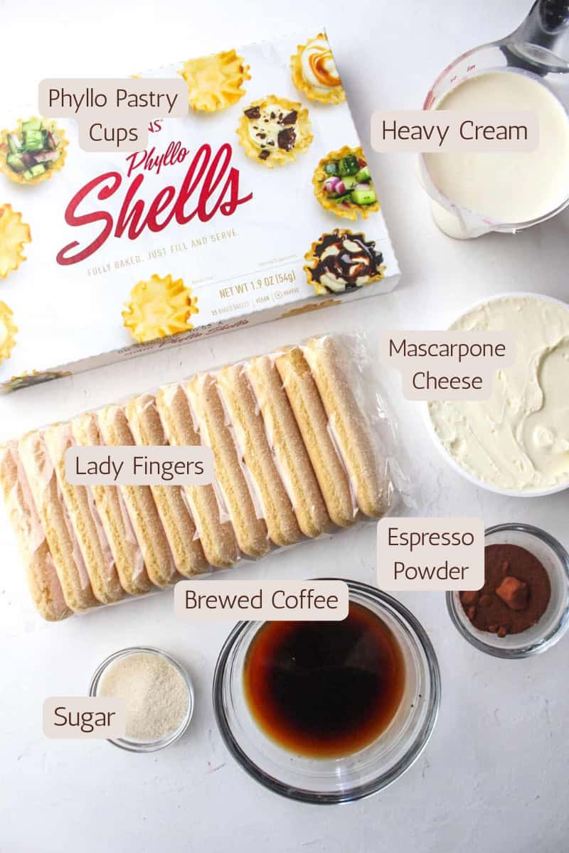Ingredients needed for tiramisu phyllo cakes.