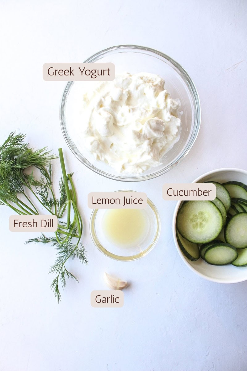 Ingredients needed to make homemade tzatziki sauce.
