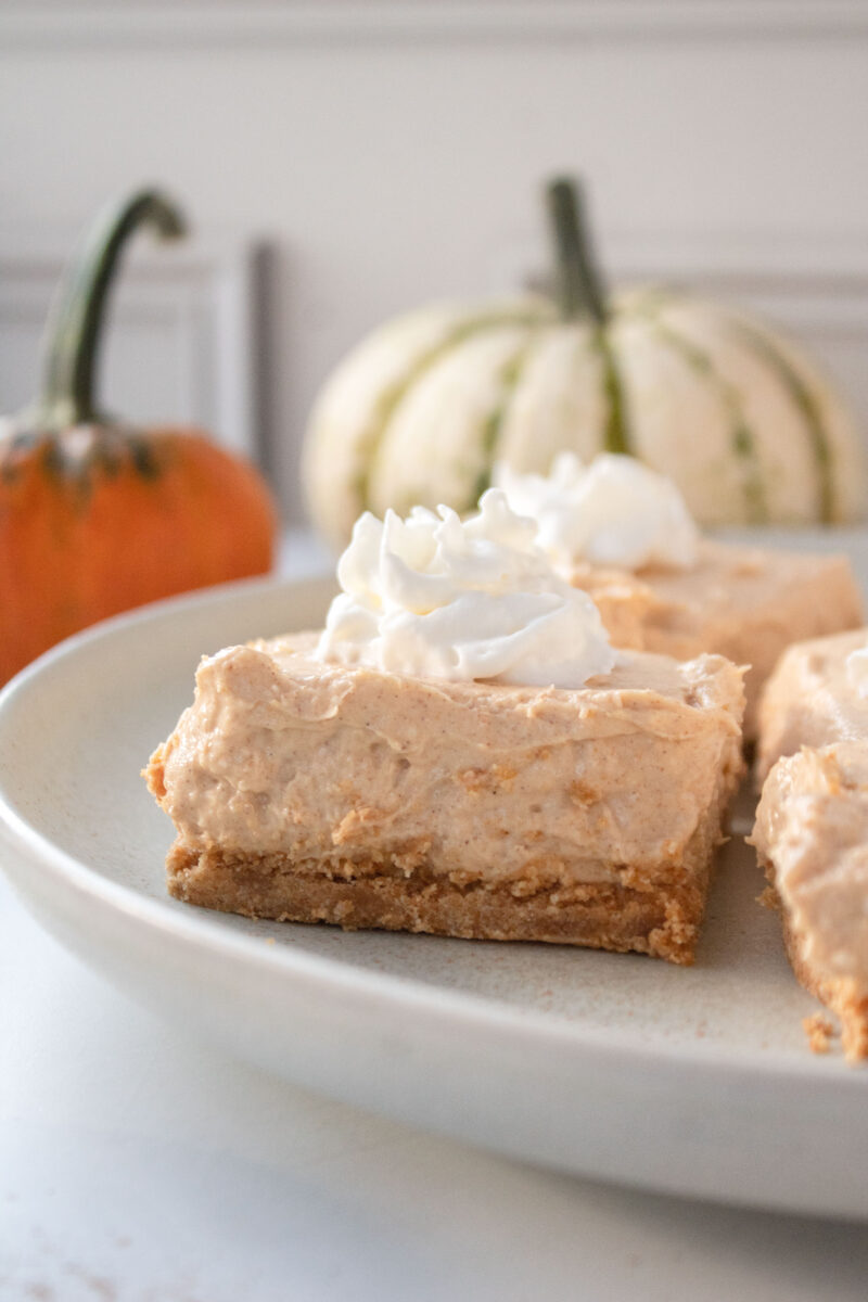 Close up of the profile of a pumpkin cheesecake bar on a plate with whipped cream and pumpkins in the background.