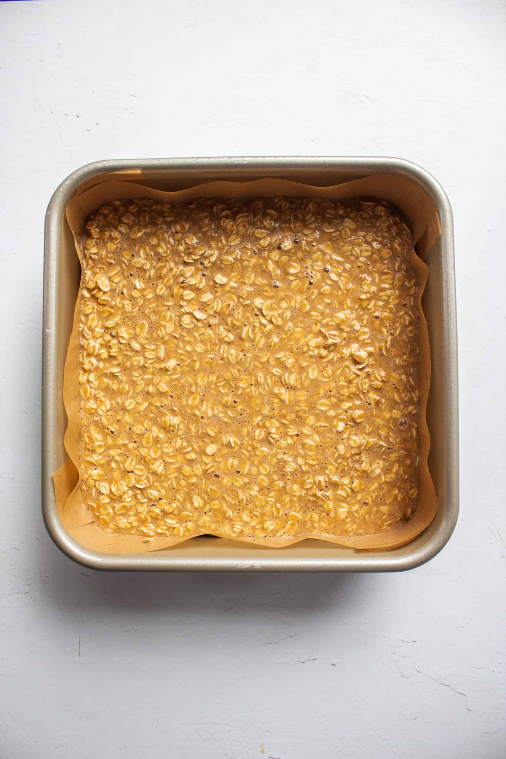 Pumpkin oatmeal baked in a tin.