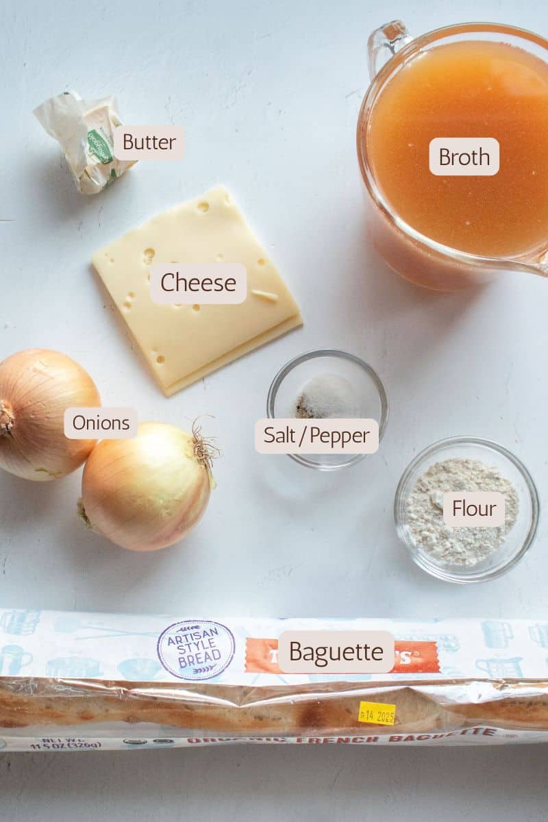Ingredients to make a french onion soup.
