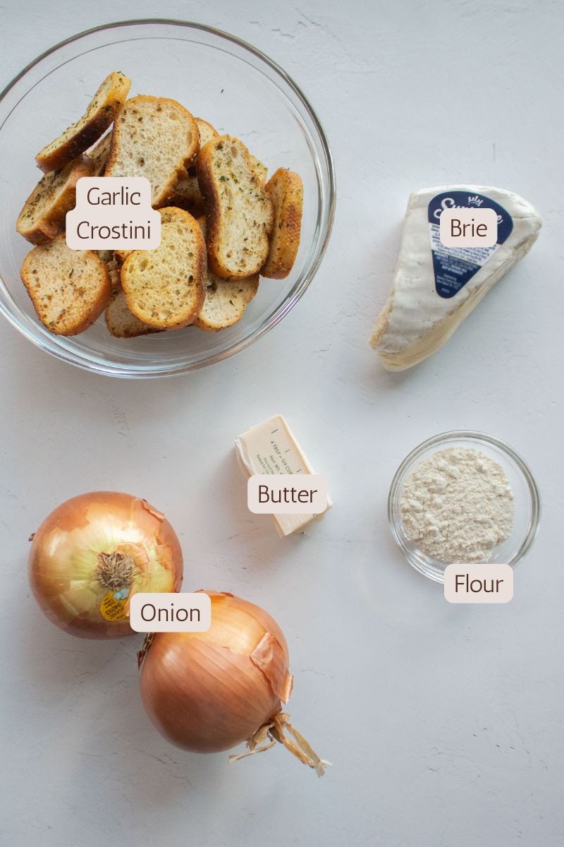 Ingredients to make caramelized onion brie crostini appetizer.