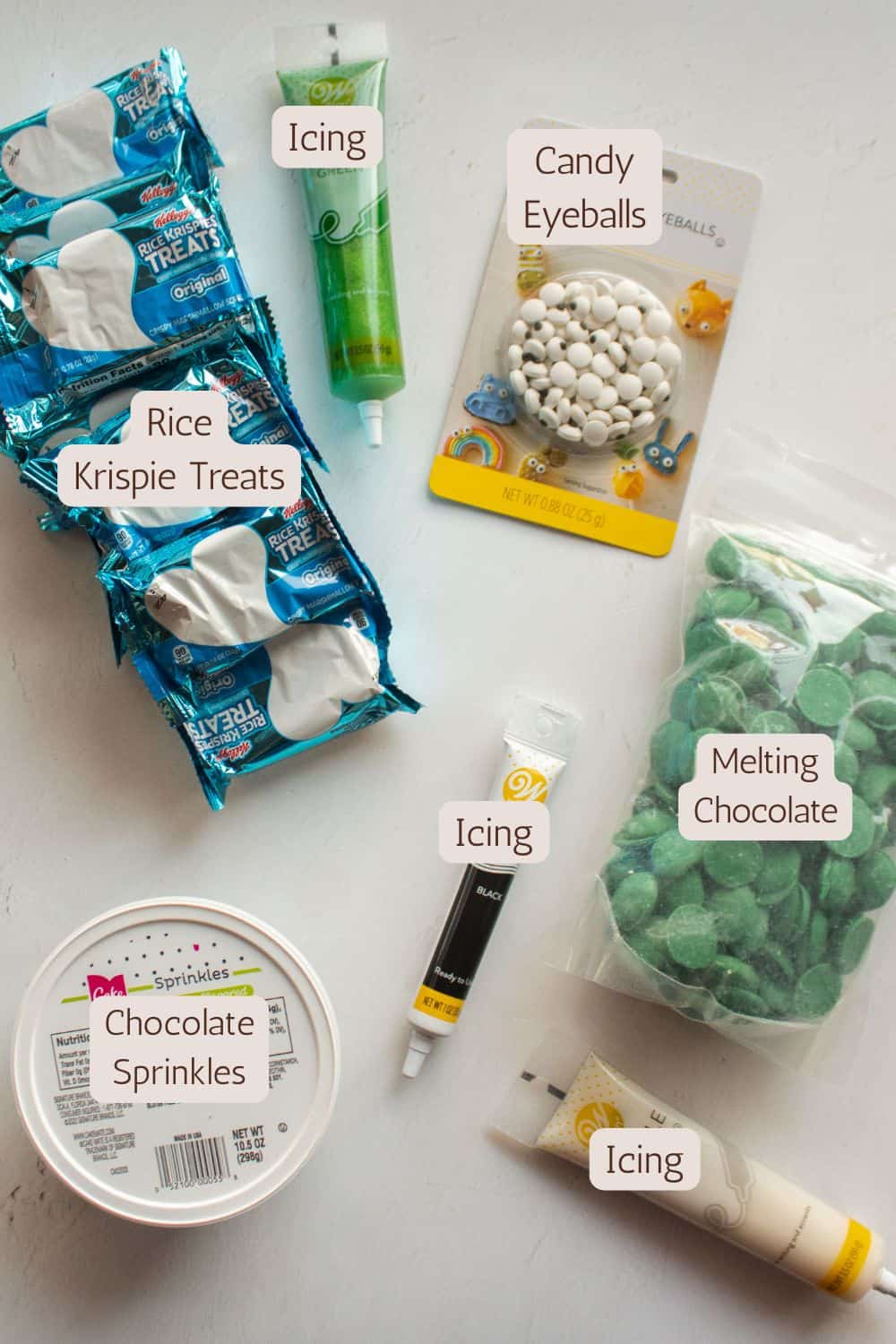 Ingredients to make halloween frankenstein rice krispie treats.