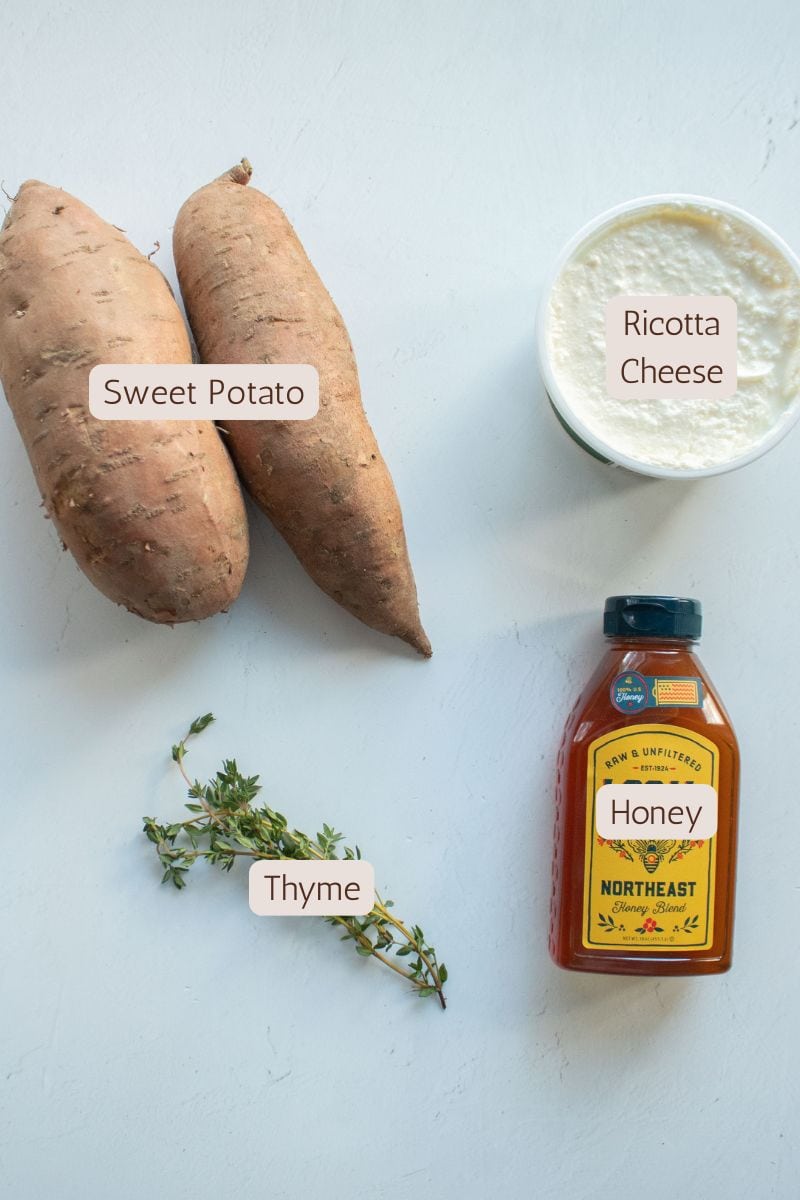 Ingredients to make sweet potato rounds with ricotta, honey, and thyme.