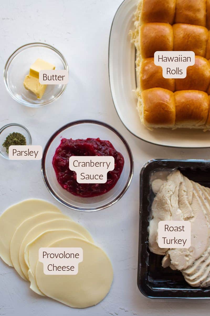 Ingredients to make turkey cranberry sliders on hawaiian rolls.
