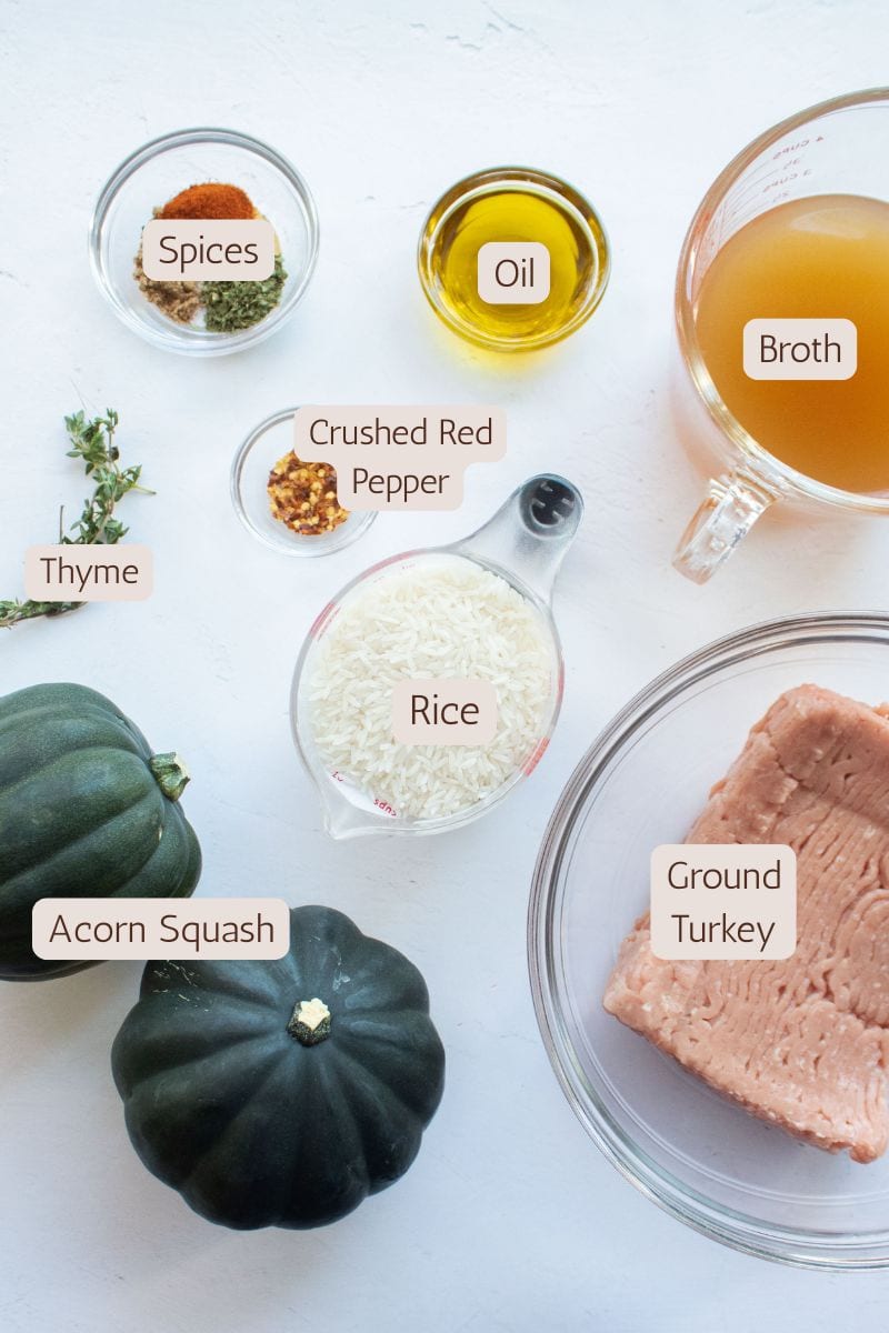 Ingredients to make ground turkey stuffed acorn squash bowls.